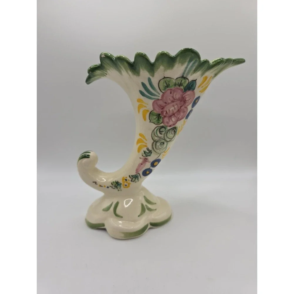 VTG PV Peasant Village Italy Horn Vase Floral Hand Painted Jagged Rim